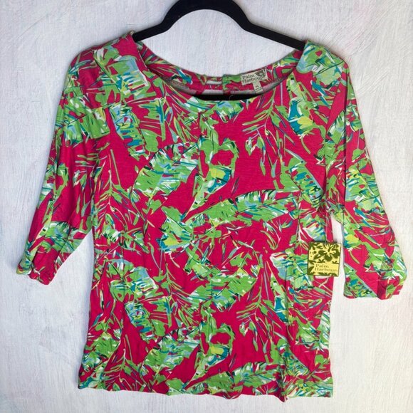 Womens Blouse size LP Pink green Palm Harbour floral 3/4 Sleeves stretch - Picture 2 of 10